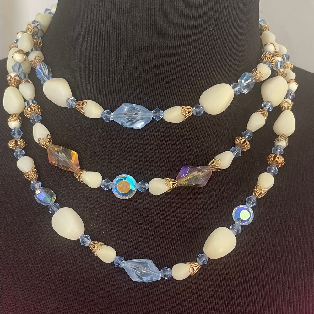 Vintage Elegant Multi-Color Beaded Necklace on a Triple strand holder and hook